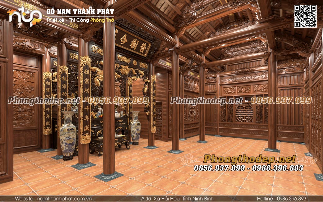 Bố trí nội thất nhà gỗ 5 gian có hậu cung